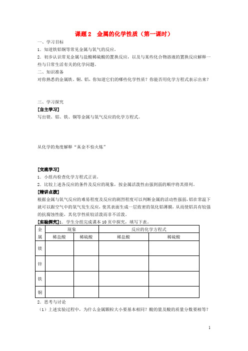 九年级化学下册 第8单元 金属和金属材料 课题2 金属的化学性质学案(无答案)(新版)新人教版