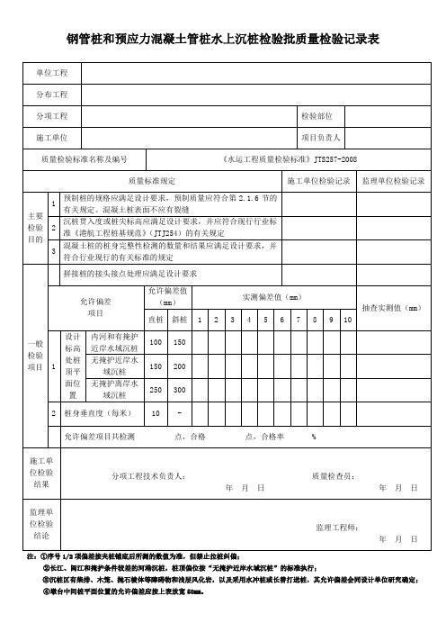 钢管桩检验批质量检验记录表