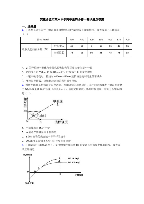 安徽合肥市第六中学高中生物必修一测试题及答案