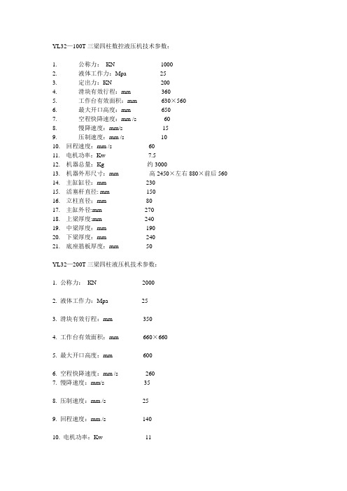 油压机设计参数