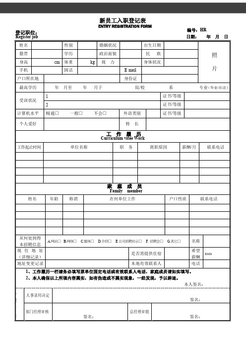 公司新员工入职登记表模板