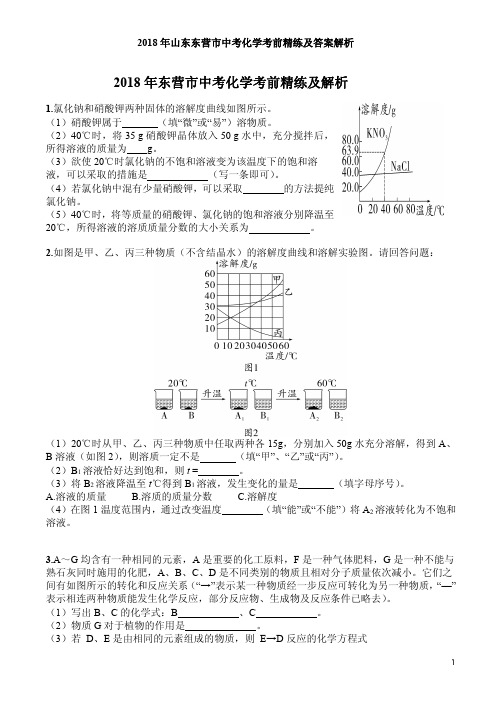 2018年山东东营市中考化学考前精练及答案解析