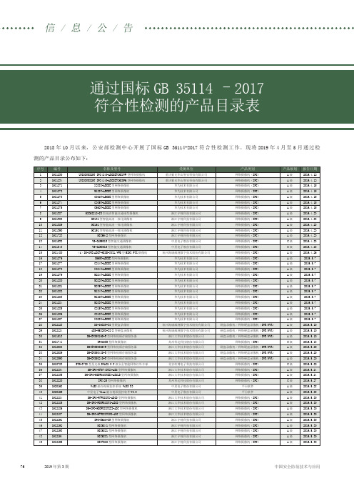 通过国标GB35114-2017符合性检测的产品目录表