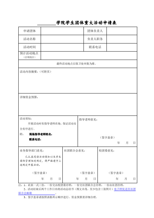 学院学生团体重大活动申请表