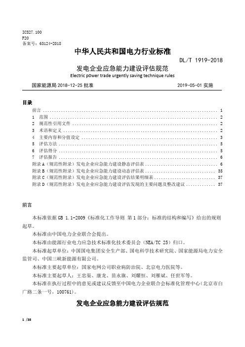 DL T 1919-2018 发电企业应急能力建设评估规范(校对版)