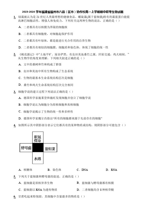 2023-2024学年福建省福州市八县(区市)协作校高一上学期期中联考生物试题