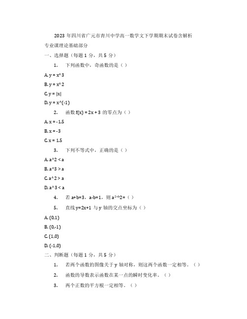 2023年四川省广元市青川中学高一数学文下学期期末试卷含解析