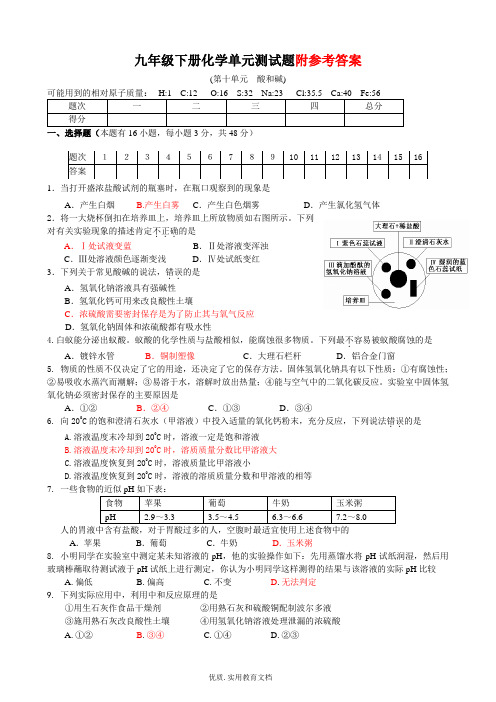 人教版九年级化学下册第10单元+酸和碱+单元测试题