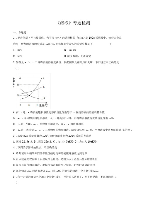 人教版初中化学2020中考复习专题《溶液》专题检测(包含答案)