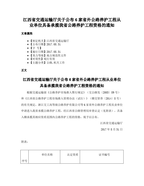 江西省交通运输厅关于公布6家省外公路养护工程从业单位具备承揽我省公路养护工程资格的通知