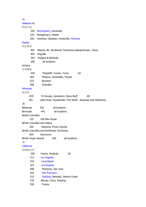 美国各州及主要城市及区号名
