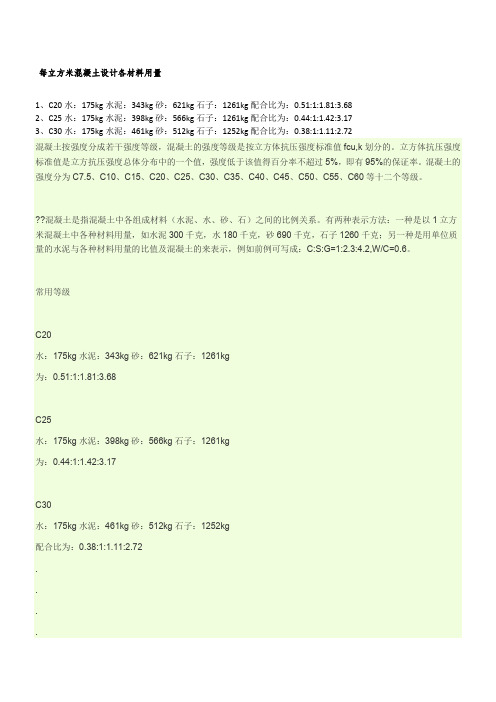 每立方米混凝土各材料用量