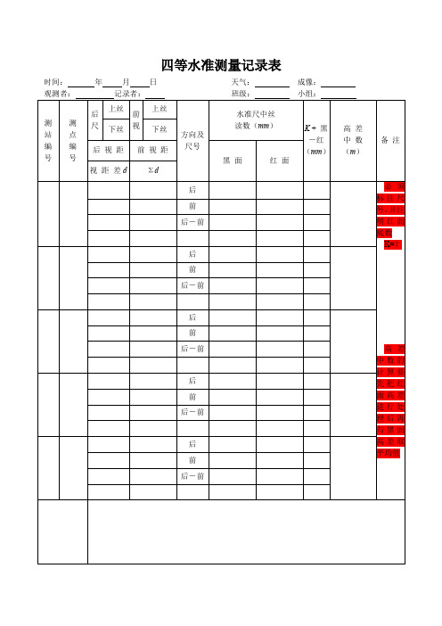 四等水准测量记录表