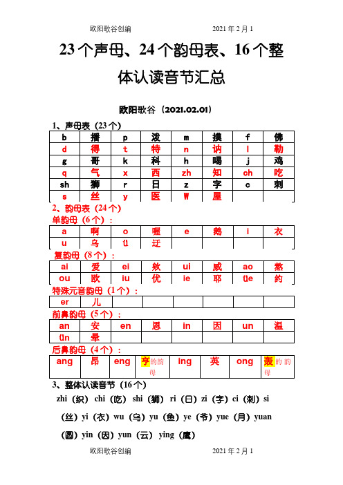 23个声母、24个韵母表、16个整体认读音节汇总-韵母表24个之欧阳歌谷创编