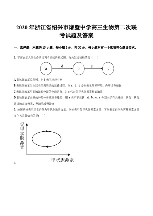 2020年浙江省绍兴市诸暨中学高三生物第二次联考试题及答案