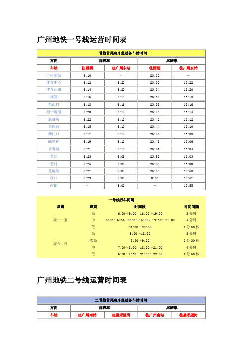 2014广州地铁线路运营时间表(含六号线)