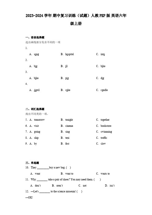 人教PEP版英语六年级上册期中试题(含答案及解析)