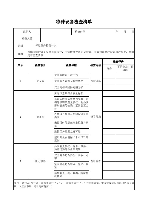 特种设备检查清单