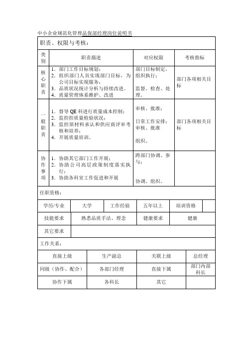 中小企业规范化管理品保部经理岗位说明书