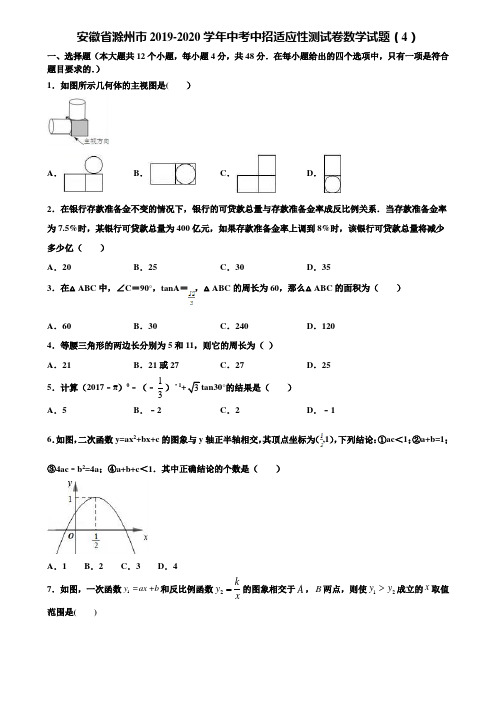 安徽省滁州市2019-2020学年中考中招适应性测试卷数学试题(4)含解析