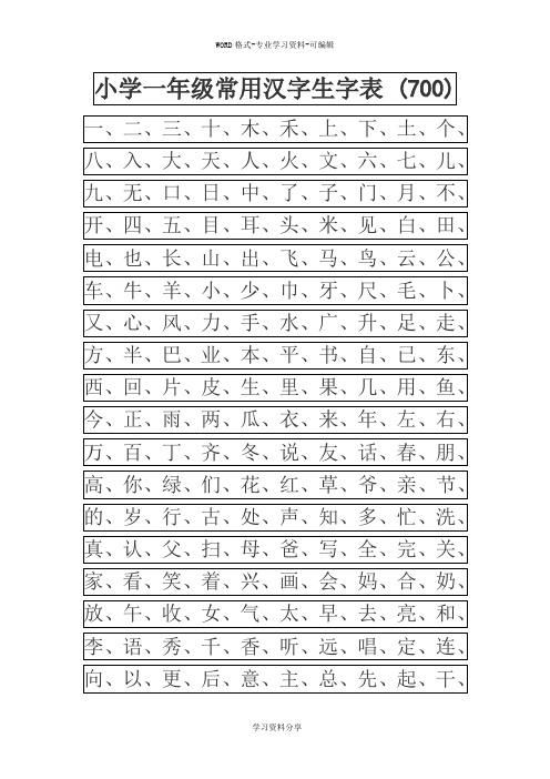 常用汉字生字表(幼儿园大班)