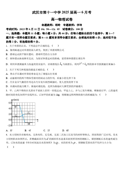 湖北省武汉重点中学2022-2023学年高一下学期6月月考物理试题含解析