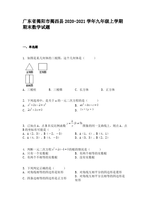 广东省揭阳市揭西县2020-2021学年九年级上学期期末数学试题