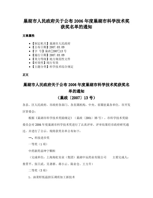 巢湖市人民政府关于公布2006年度巢湖市科学技术奖获奖名单的通知