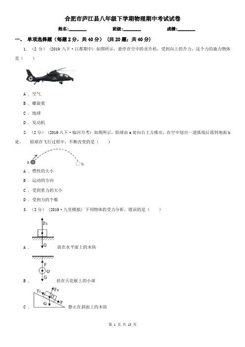 合肥市庐江县八年级下学期物理期中考试试卷