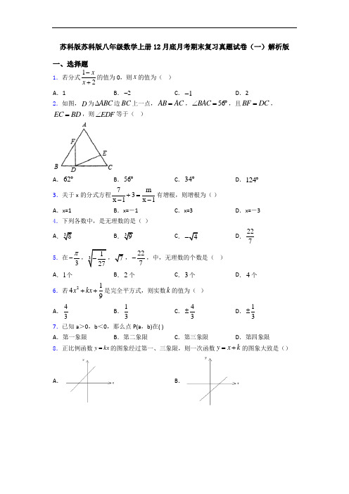 苏科版苏科版八年级数学上册12月底月考期末复习真题试卷(一)解析版