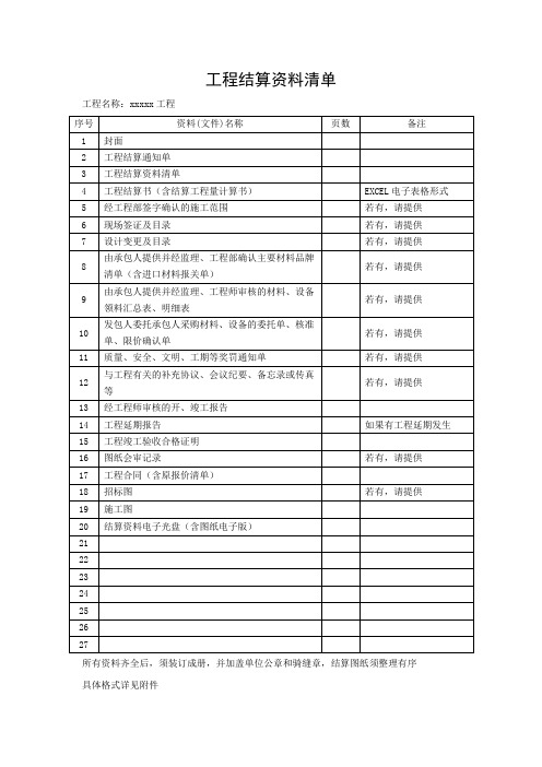 x项目结算要求 工程结算资料清单