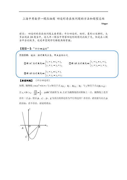 2020年上海中考数学一模压轴题 四边形的存在性问题的方法和题型总结(无答案)