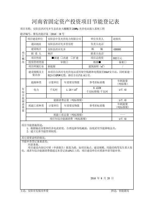 河南省固定资产投资项目节能登记表