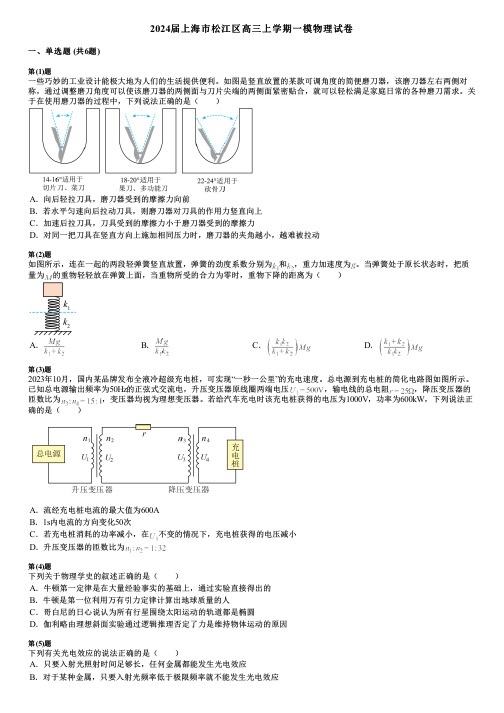 2024届上海市松江区高三上学期一模物理试卷