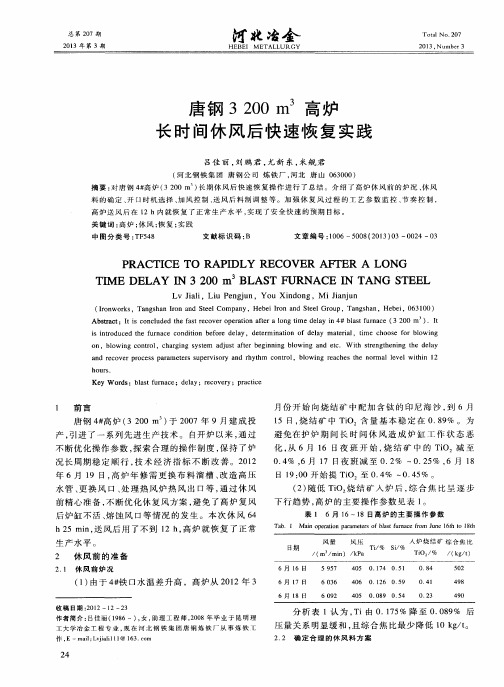 唐钢3200m^3高炉长时间休风后快速恢复实践