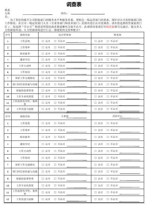 职能部门认可度调查表