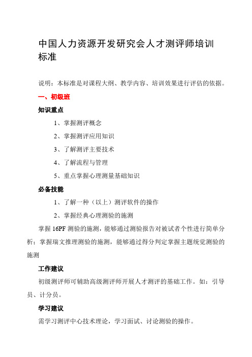 中国人力资源开发研究会人才测评师培训标准