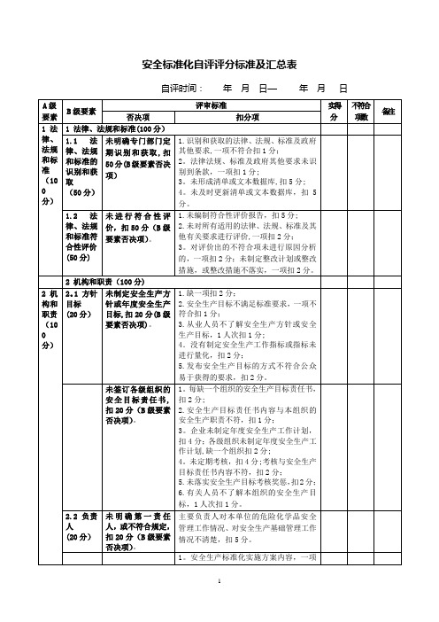 安全标准化自评评分标准及汇总表