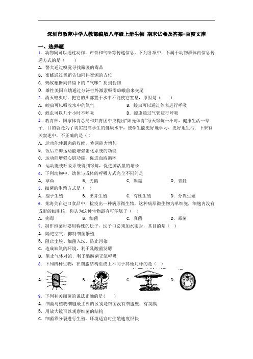 深圳市教苑中学人教部编版八年级上册生物 期末试卷及答案-百度文库