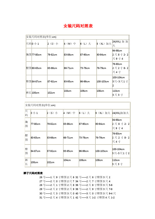 女装尺码对照表