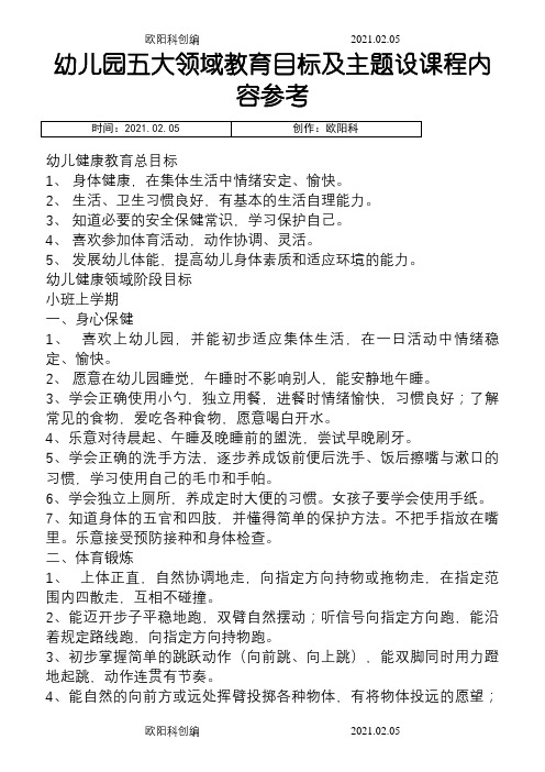 幼儿园五大领域教育目标及主题设课程内容参考之欧阳科创编