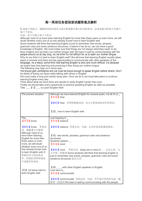 高一英语任务型阅读试题答案及解析
