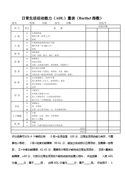 日常生活活动能力(ADL)量表(Barthel指数)