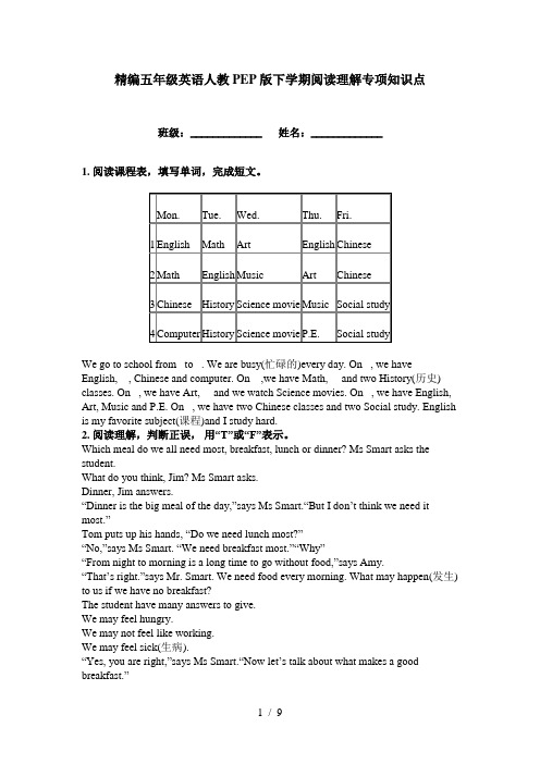 精编五年级英语人教PEP版下学期阅读理解专项知识点