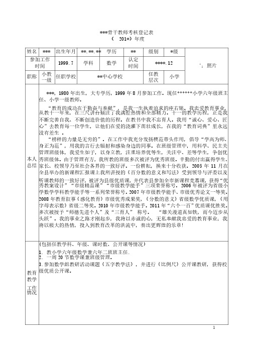 骨干教师考核登记表