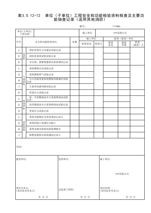 单位(子单位)工程安全和功能检验资料核查及主要功能抽查记录(适用其他消防)