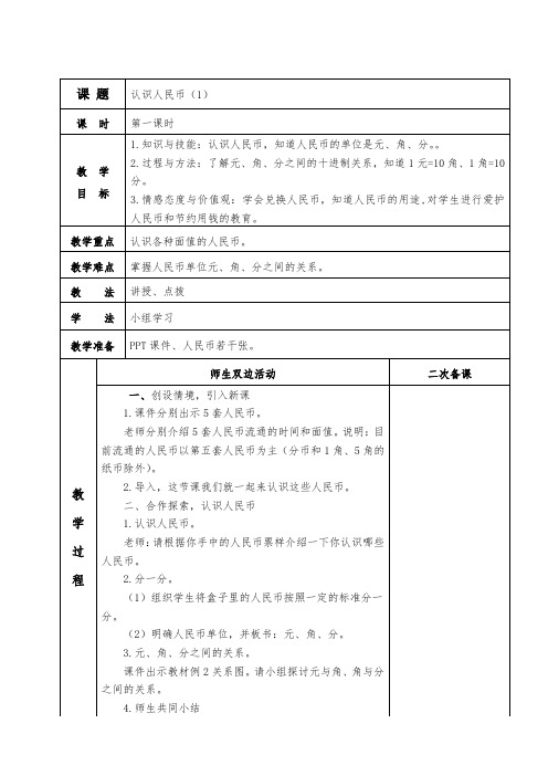 新人教版一年级教材数学下册《认识人民币》教案