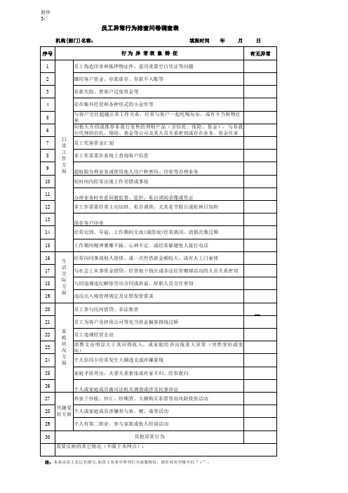 银行员工异常行为排查问卷调查表