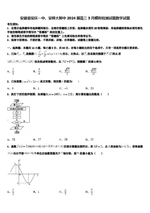 安徽省安庆一中、安师大附中2024届高三3月模拟检测试题数学试题