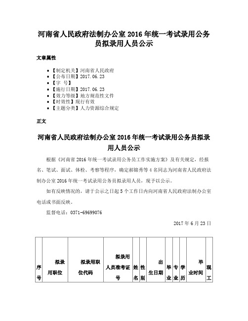 河南省人民政府法制办公室2016年统一考试录用公务员拟录用人员公示